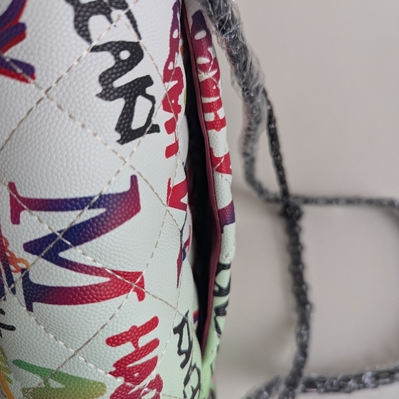 Boutique Quilted Graffiti Print Shoulder Bag Structured Crossbody w/ Chain Strap - Picture 11 of 16